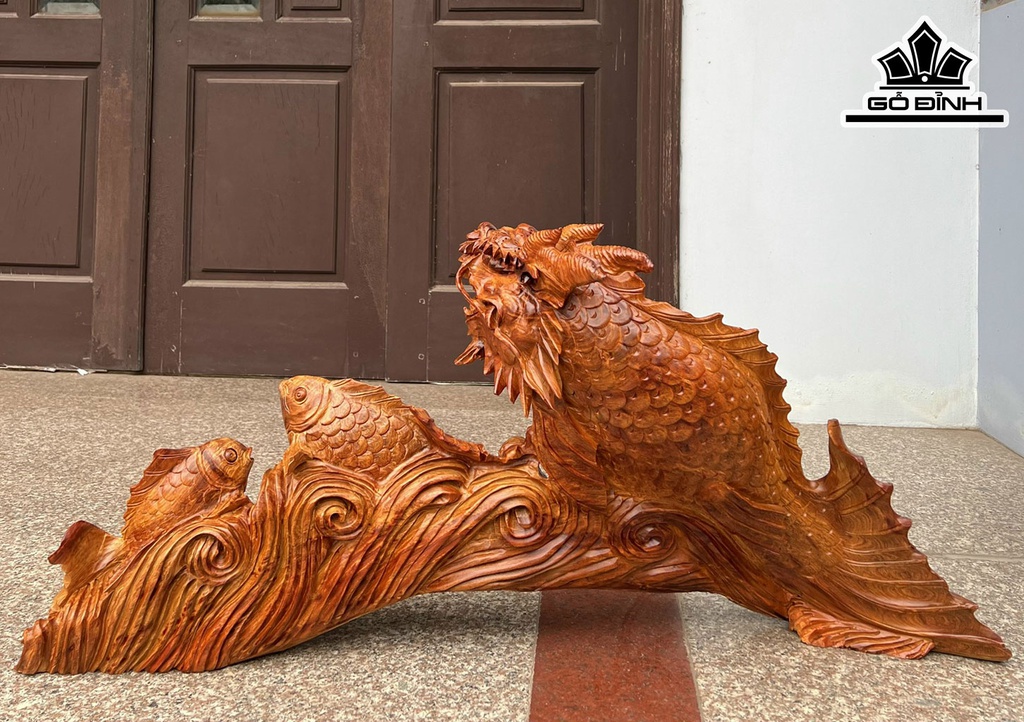 Tượng Cá Chép Hóa Rồng Gỗ Hương Ngang 95 Cao 43 Sâu 20 (cm)