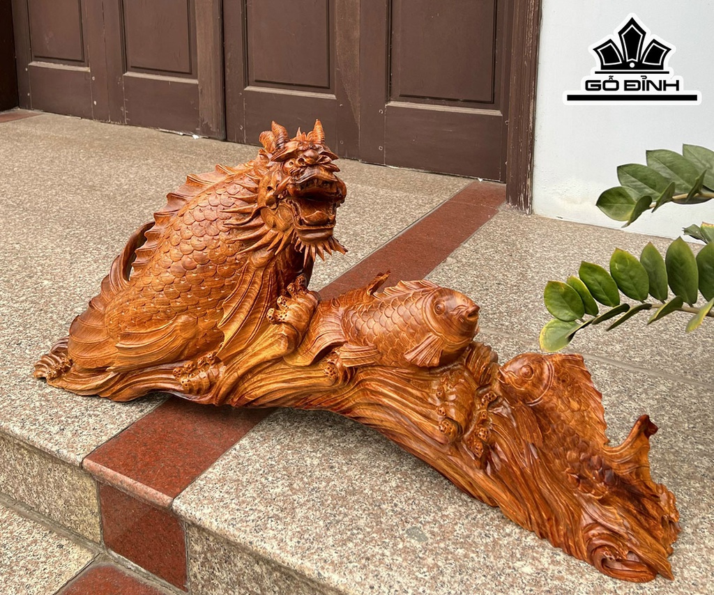 Tượng Cá Chép Hóa Rồng Gỗ Hương Ngang 95 Cao 43 Sâu 20 (cm)