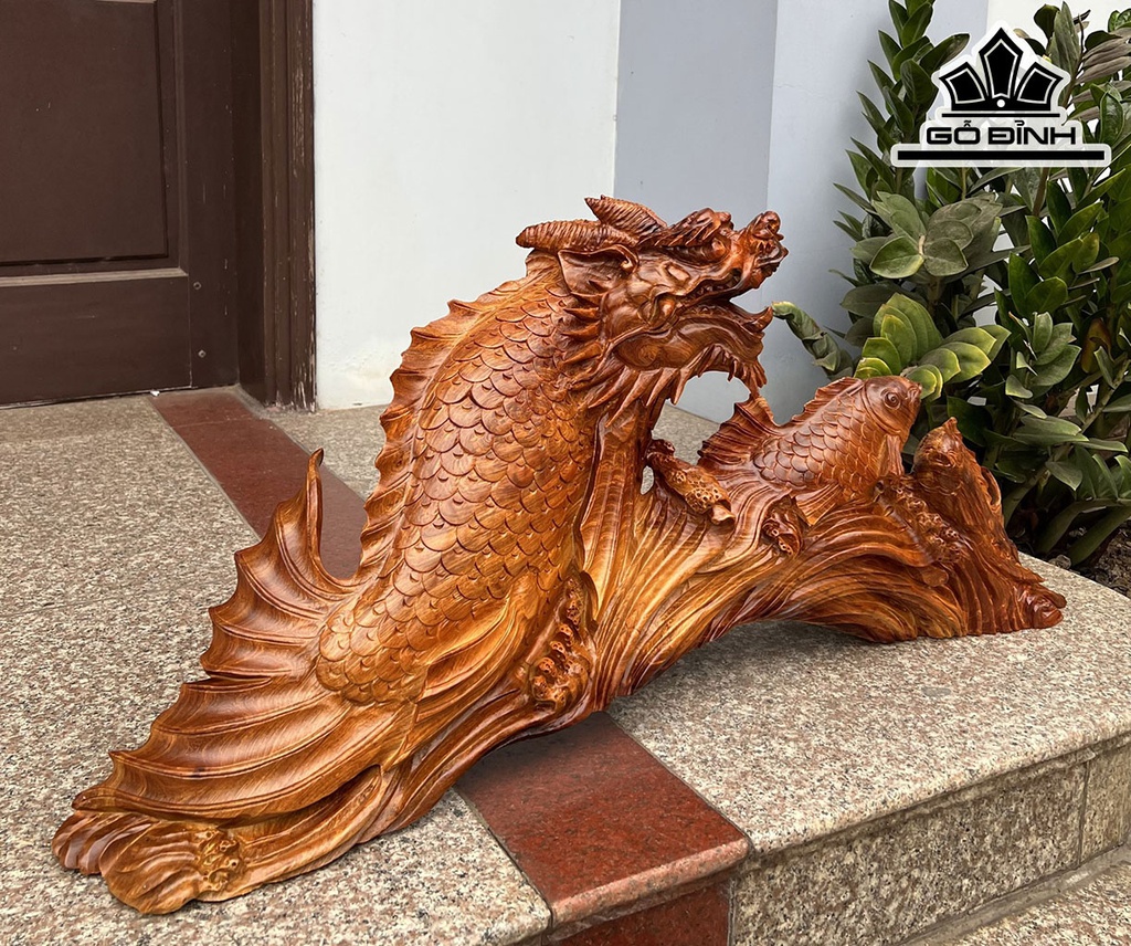 Tượng Cá Chép Hóa Rồng Gỗ Hương Ngang 95 Cao 43 Sâu 20 (cm)