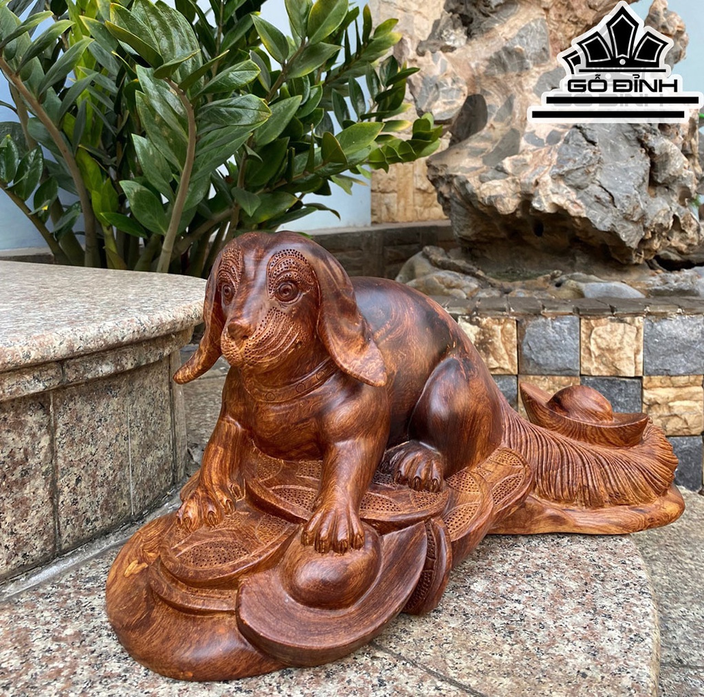Tượng Chó Gỗ Cẩm Ngang 42 Cao 23 Sâu 20 (cm)