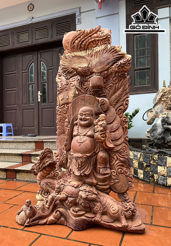 Tượng Di Lặc Tứ Linh Gỗ Hương Cao 145 Ngang 90 Sâu 43 (cm)