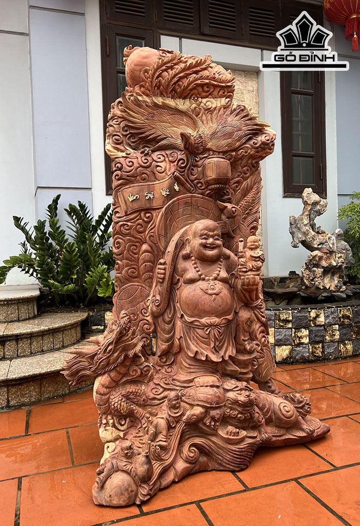 Tượng Di Lặc Tứ Linh Gỗ Hương Cao 145 Ngang 90 Sâu 43 (cm)