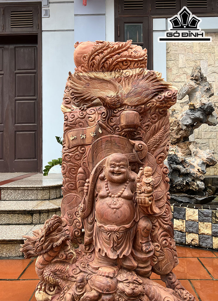 Tượng Di Lặc Tứ Linh Gỗ Hương Cao 145 Ngang 90 Sâu 43 (cm)