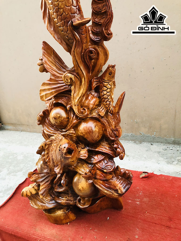 Tượng Tam Ngư Hóa Rồng Gỗ Hương Cao 86 Ngang 33 Sâu 26 (cm)