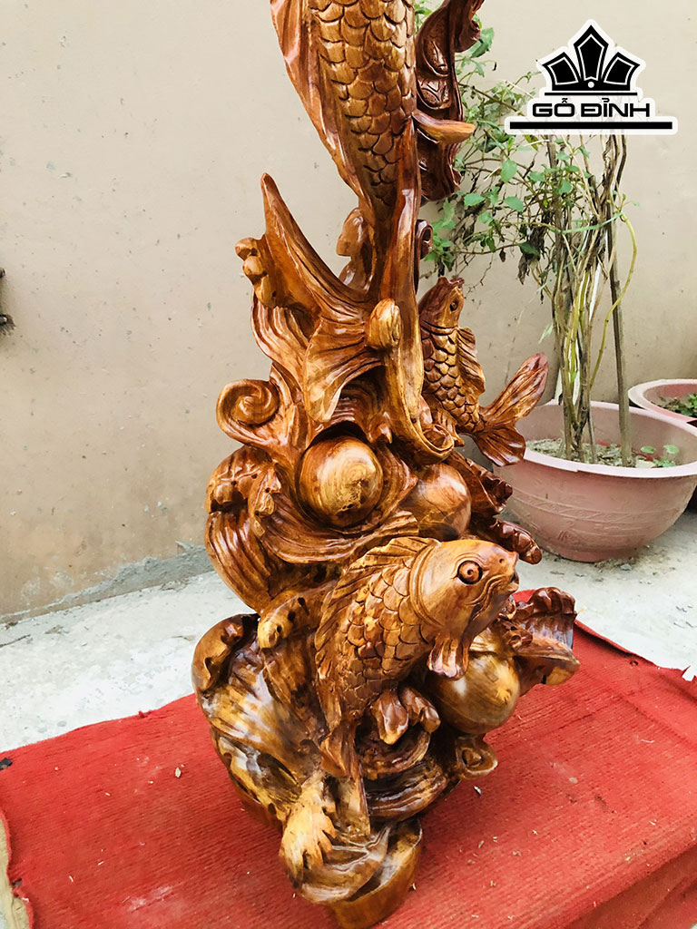 Tượng Tam Ngư Hóa Rồng Gỗ Hương Cao 86 Ngang 33 Sâu 26 (cm)