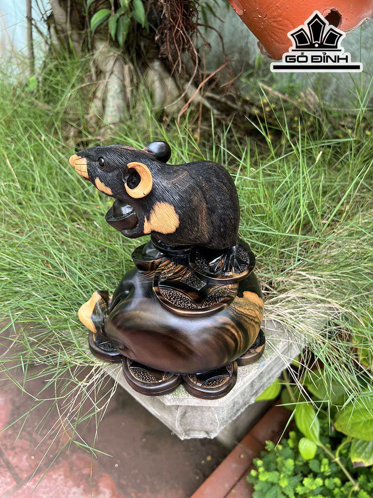 Tượng Chuột Phong Thủy Gỗ Mun Hoa Cao 21 Ngang 19 Sâu 14 (cm)