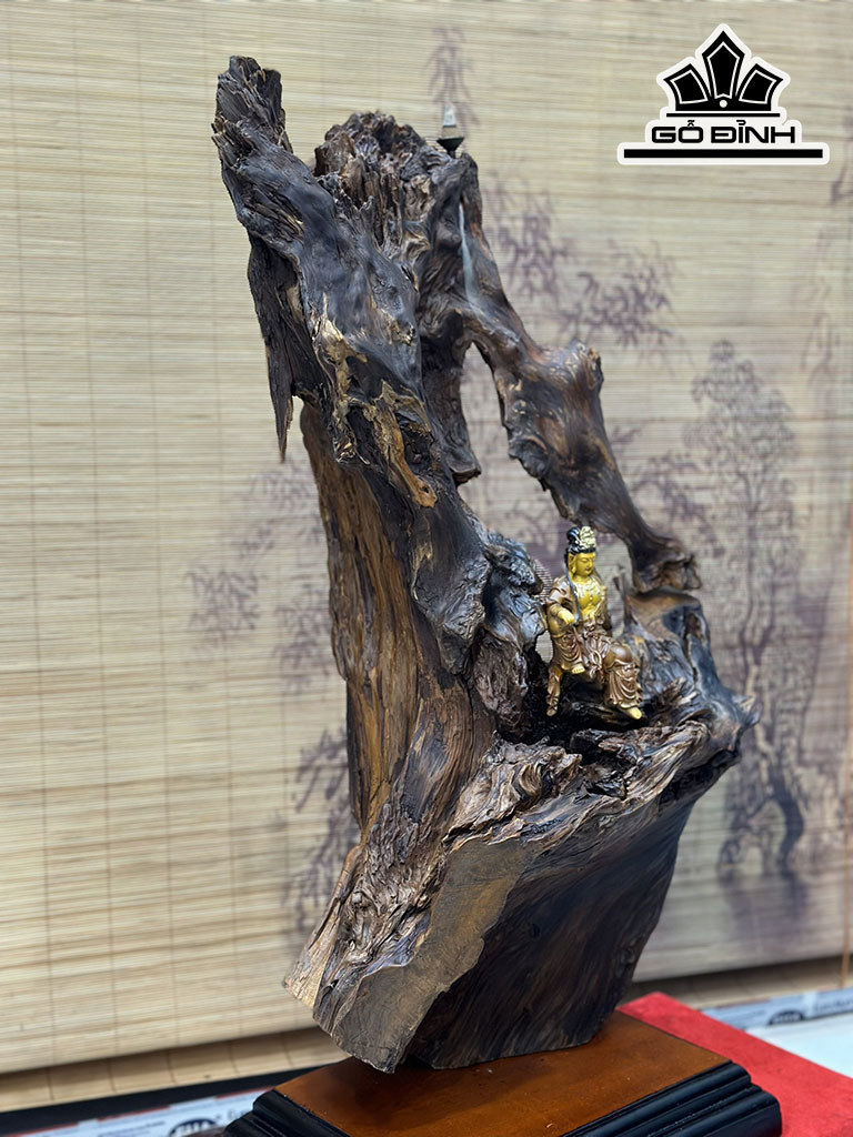 Tượng Phật Bà Quan Âm Gỗ Lũa Bách Xanh Cao 65 Ngang 38 Sâu 21 (cm)