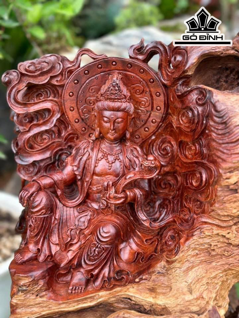 Tượng Phật Bà Quan Âm Gỗ Nu Hương Cao 62 Ngang 60 Sâu 28 (cm)