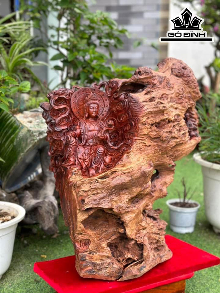 Tượng Phật Bà Quan Âm Gỗ Nu Hương Cao 62 Ngang 60 Sâu 28 (cm)