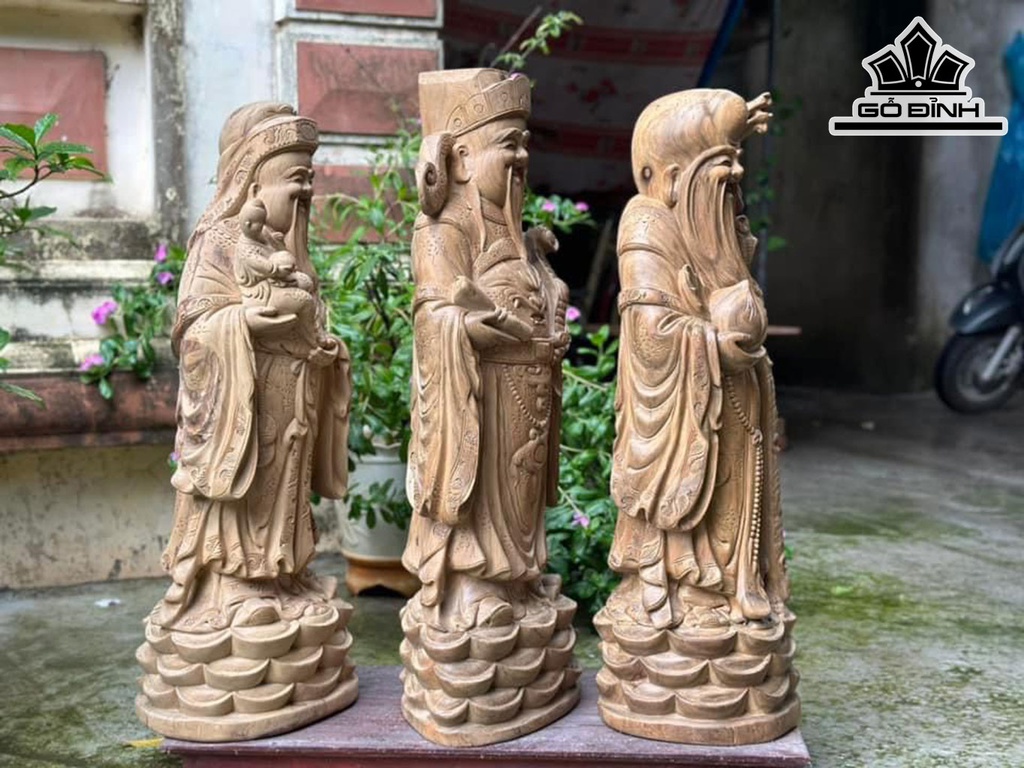 Tượng Phúc Lộc Thọ (Tam Đa) Gỗ Bách Xanh Cao 83 Ngang 32 Sâu 22 (cm)