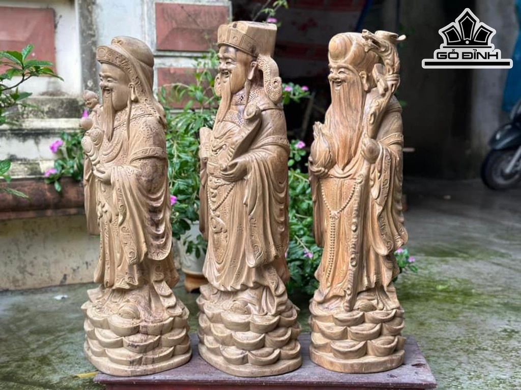Tượng Phúc Lộc Thọ (Tam Đa) Gỗ Bách Xanh Cao 83 Ngang 32 Sâu 22 (cm)