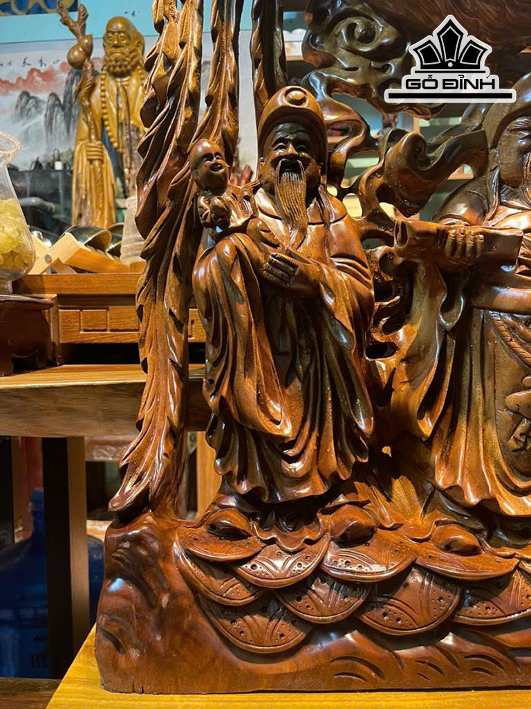 Tượng Phúc Lộc Thọ (Tam Đa) Gỗ Xá Xị Cao 86 Ngang 66 Sâu 20 (cm)