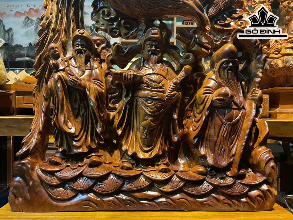 Tượng Phúc Lộc Thọ (Tam Đa) Gỗ Xá Xị Cao 86 Ngang 66 Sâu 20 (cm)