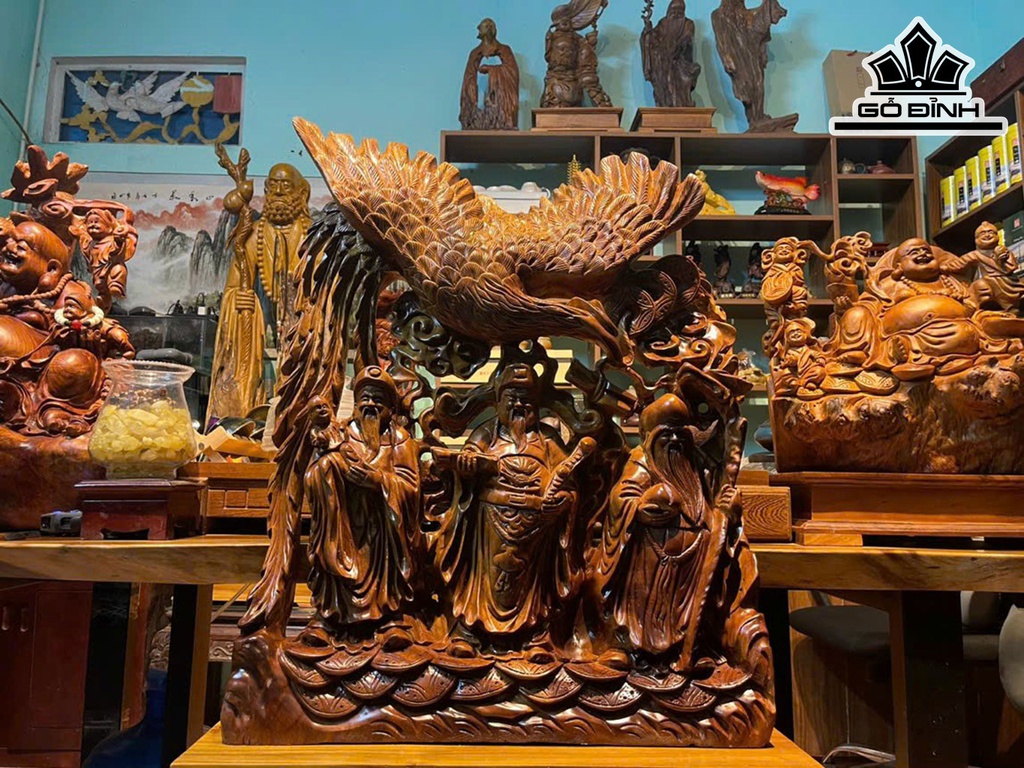 Tượng Phúc Lộc Thọ (Tam Đa) Gỗ Xá Xị Cao 86 Ngang 66 Sâu 20 (cm)