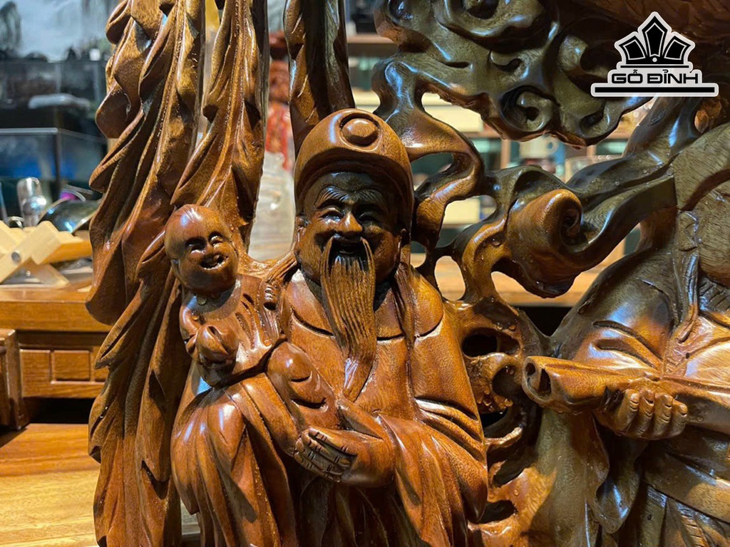 Tượng Phúc Lộc Thọ (Tam Đa) Gỗ Xá Xị Cao 86 Ngang 66 Sâu 20 (cm)