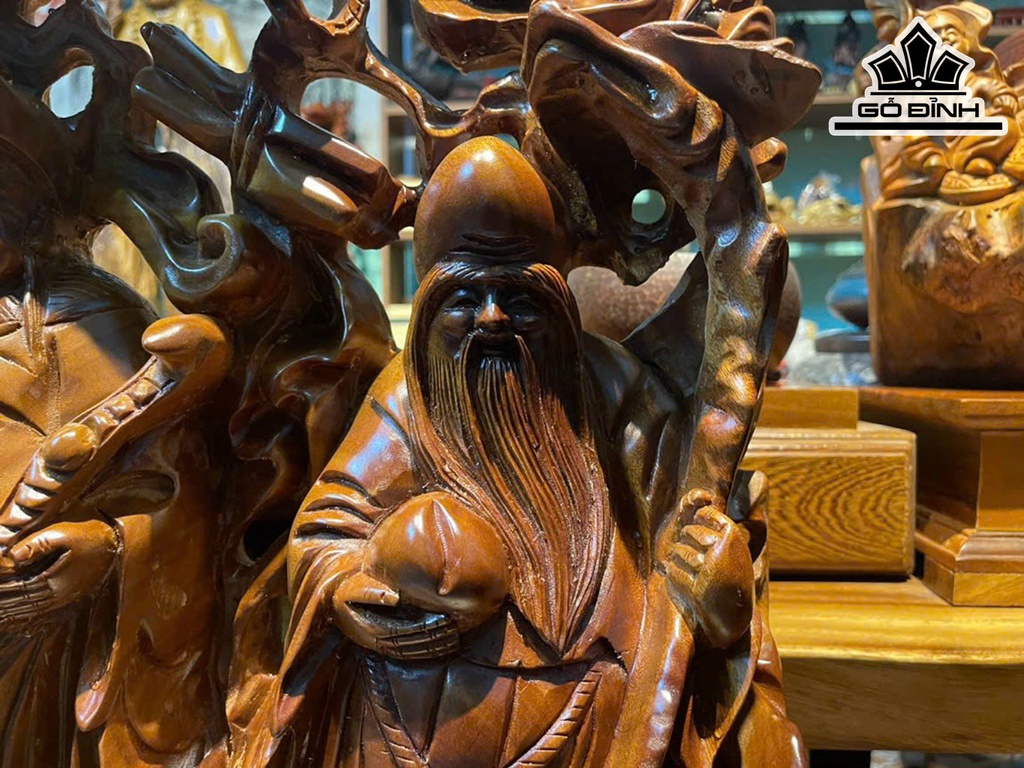 Tượng Phúc Lộc Thọ (Tam Đa) Gỗ Xá Xị Cao 86 Ngang 66 Sâu 20 (cm)