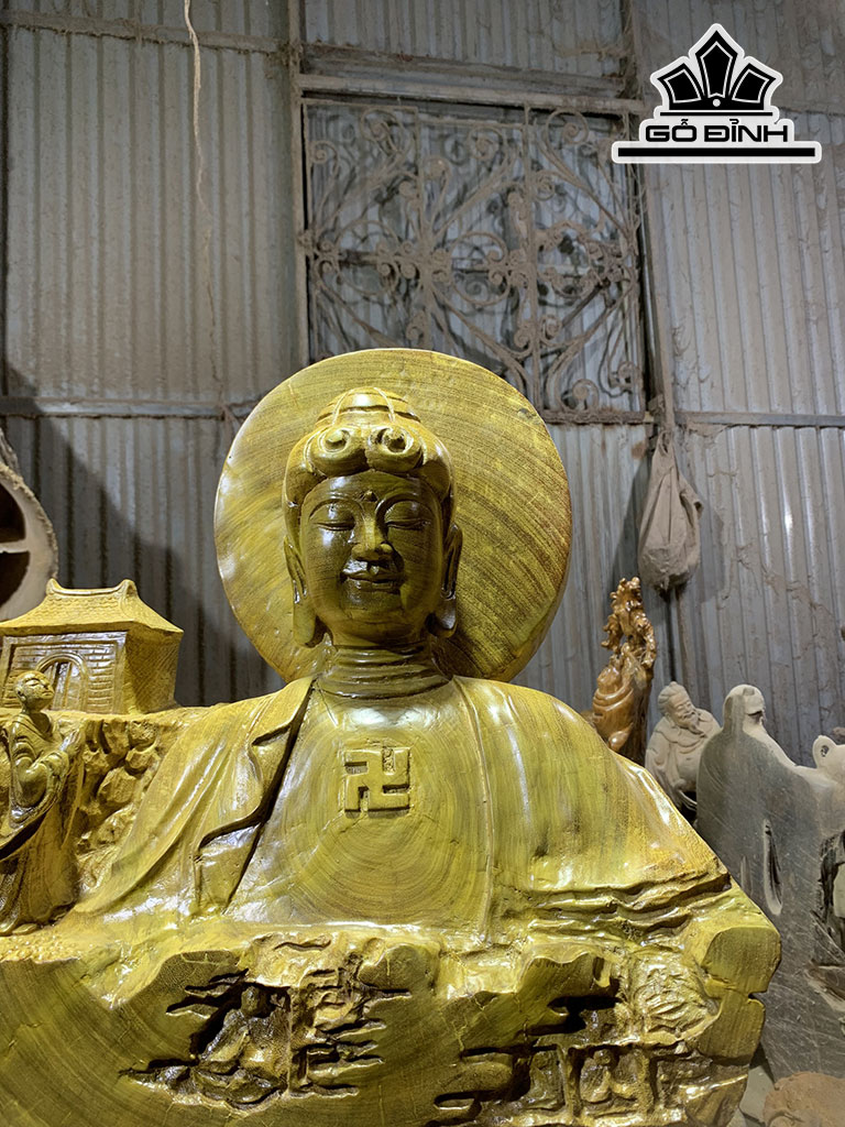 Tượng Nhất Tâm Bái Phật Gỗ Vàng Tâm Cao 58 Ngang 60 Sâu 25 (cm)