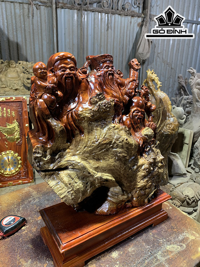 Tượng Phúc Lộc Thọ (Tam Đa) Gỗ Sụn Hương Cao 43 Ngang 40 Sâu 16 (cm)