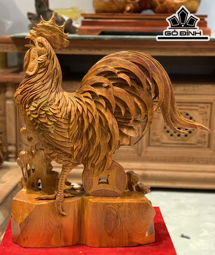 Tượng Gà Trống Phong Thủy Gỗ Hương Cao 60 Ngang 52 Sâu 20 (cm)