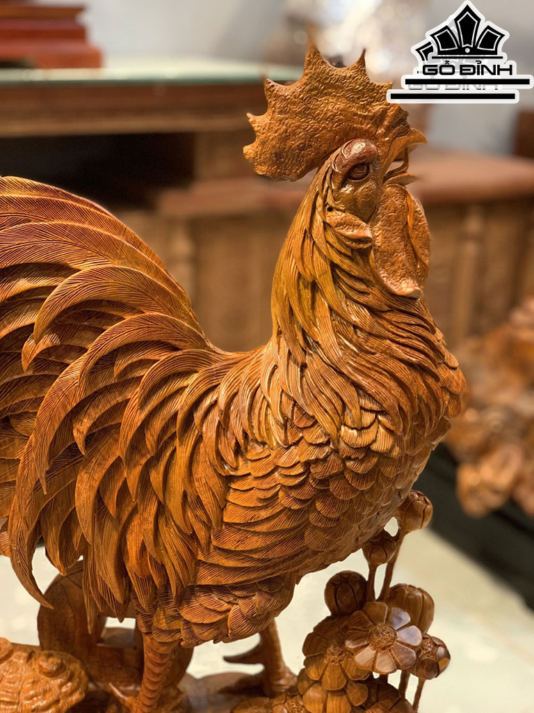 Tượng Gà Trống Phong Thủy Gỗ Hương Cao 60 Ngang 52 Sâu 20 (cm)