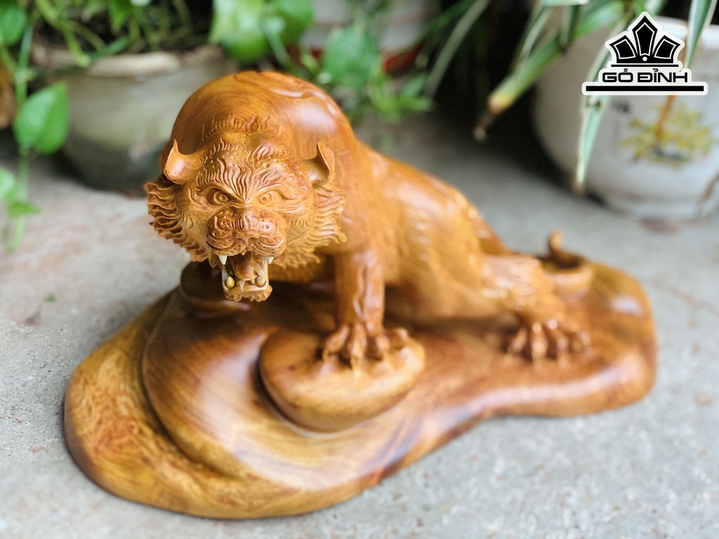 Tượng Hổ Phong Thủy Gỗ Hương Cao 23 Ngang 36 Sâu 20 (cm)