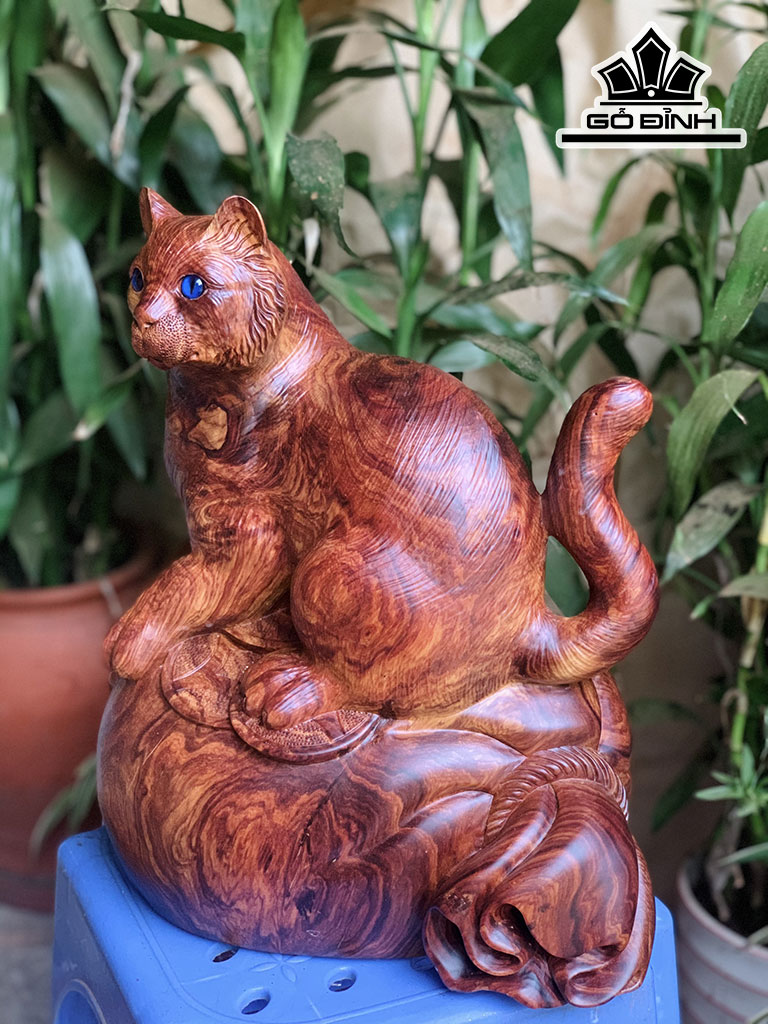 Tượng Mèo Gỗ Cẩm Cao 31 Ngang 26 Sâu 18 (cm)