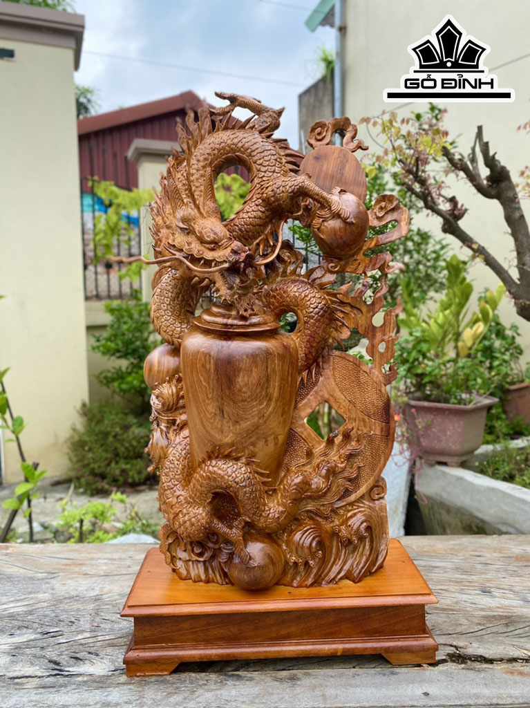 Tượng Nhất Long Trấn Chum Gỗ Hương Cao 75 Ngang 40 Sâu 18 (cm)