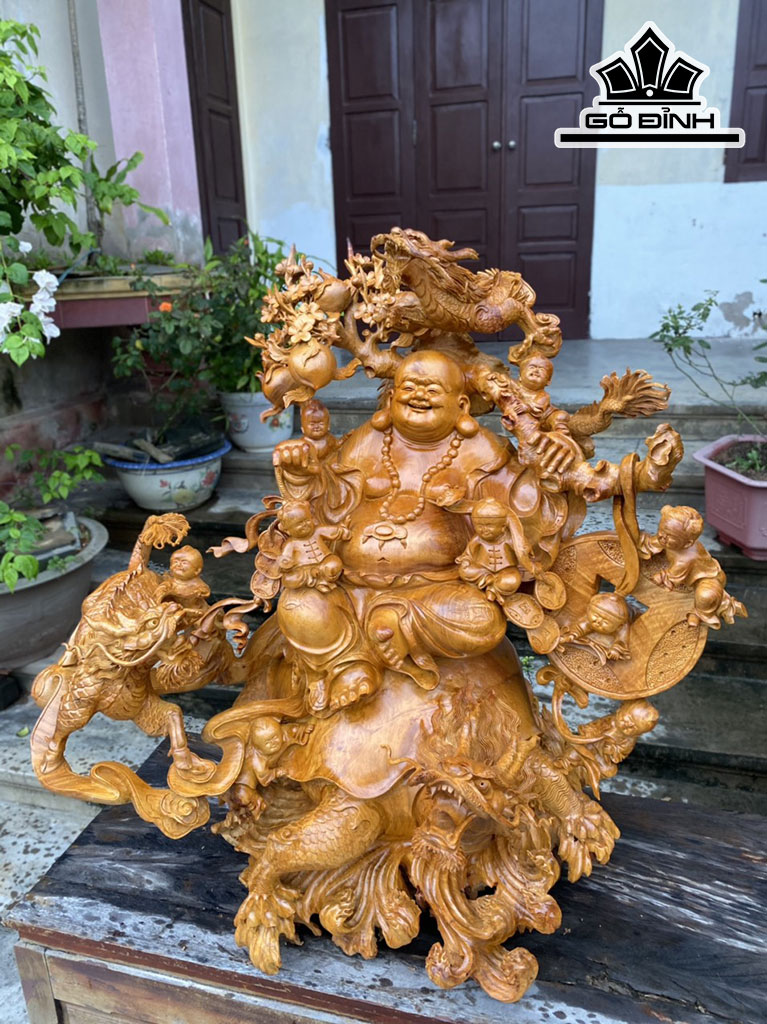 Tượng Phật Di Lặc Tam Long Gỗ Hương Cao 100 Ngang 100 Sâu 60 (cm)
