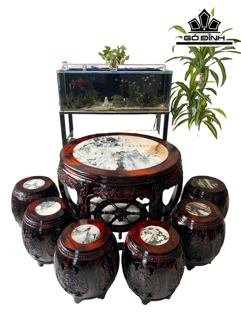 Bộ Đôn Gỗ Trắc Mặt Bàn Rộng 98 Cao 73 Đôn Cao 45 Mặt 30 (cm)