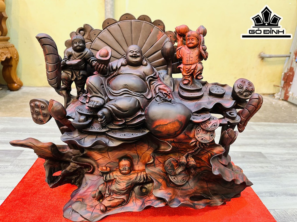 Tượng Phật Di Lặc Tam Phúc Gỗ Trắc Cao 40 Ngang 55 Sâu 25 (cm)