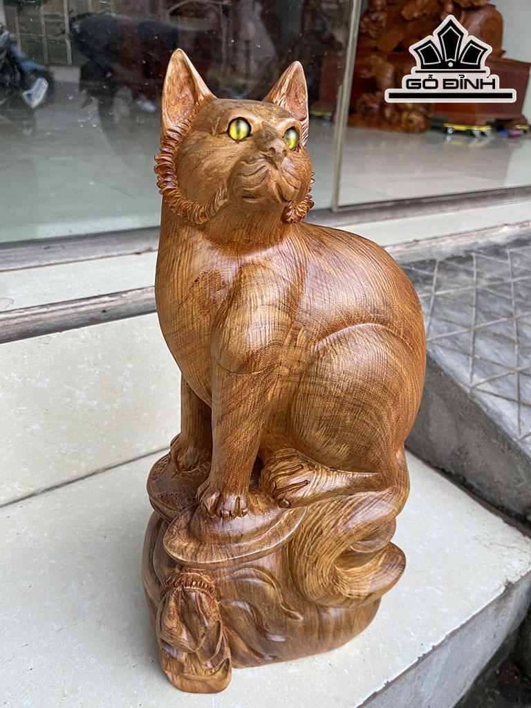 Tượng Mèo Gỗ Hương Cao 39 Đường Kính 12 (cm)
