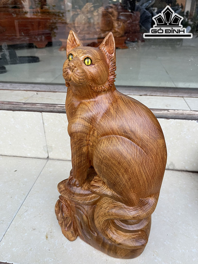 Tượng Mèo Gỗ Hương Cao 39 Đường Kính 12 (cm)