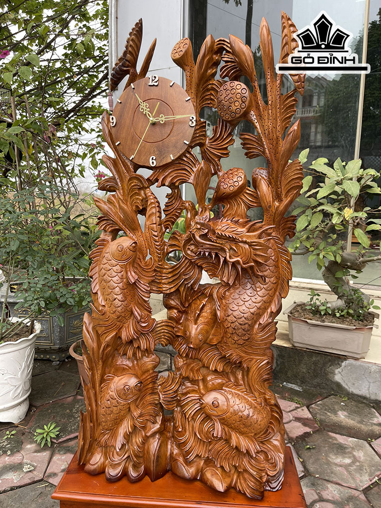 Tượng Ngũ Ngư Hóa Rồng Phong Thủy Gỗ Hương Cao 100 Ngang 50 Sâu 22 (cm)