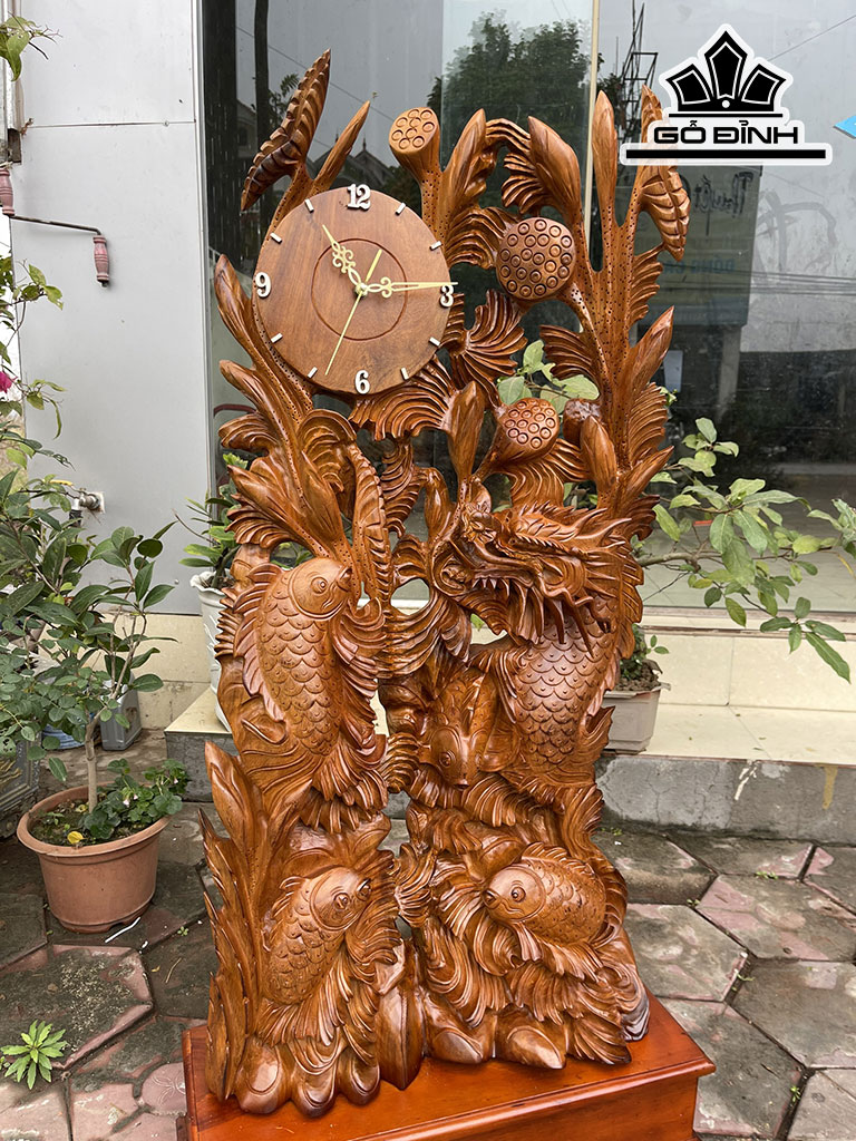 Tượng Ngũ Ngư Hóa Rồng Phong Thủy Gỗ Hương Cao 100 Ngang 50 Sâu 22 (cm)