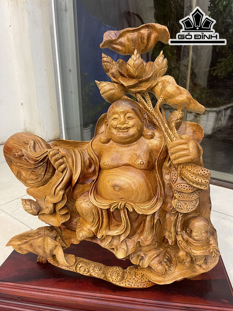 Tượng Phật Di Lặc Kéo Bao Tiền Gỗ Hương Cao 50 Ngang 55 Sâu 16 (cm)