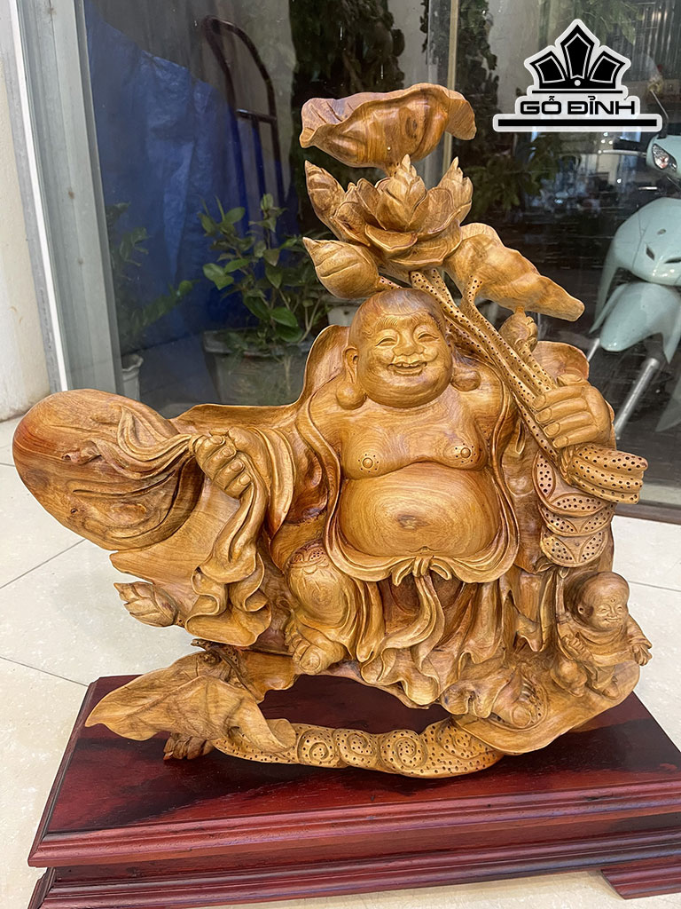 Tượng Phật Di Lặc Kéo Bao Tiền Gỗ Hương Cao 50 Ngang 55 Sâu 16 (cm)