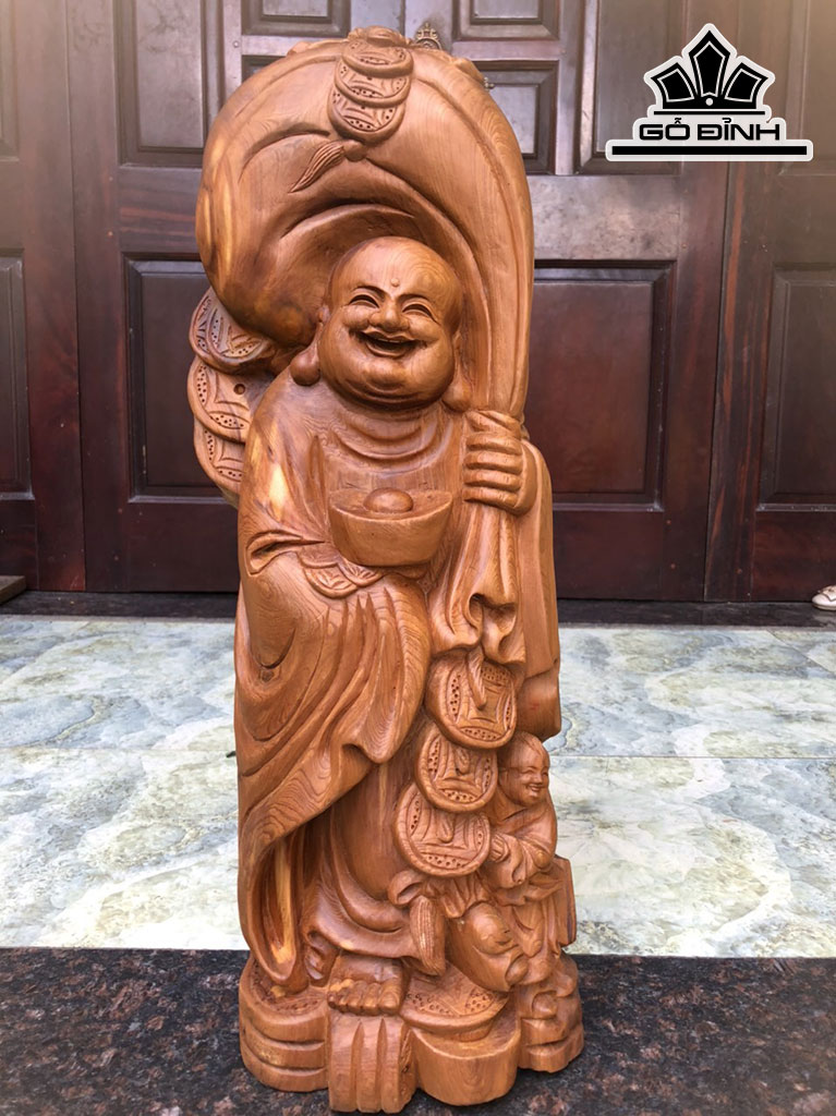 Tượng Di Lặc Vác Bị Tiền Gỗ Ngọc Am Cao 60 Ngng 22 Sâu 16 (cm)