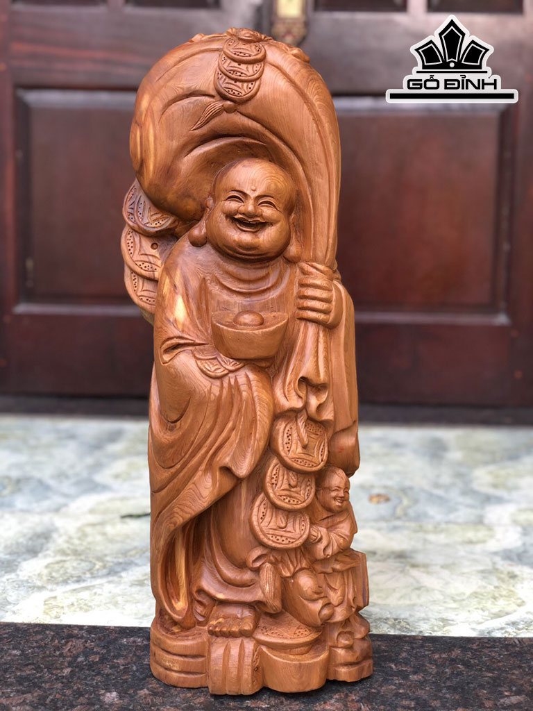 Tượng Di Lặc Vác Bị Tiền Gỗ Ngọc Am Cao 60 Ngng 22 Sâu 16 (cm)