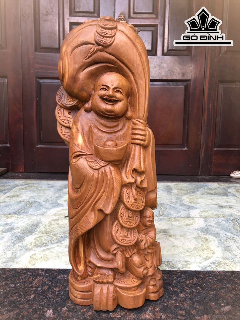 Tượng Di Lặc Vác Bị Tiền Gỗ Ngọc Am Cao 60 Ngng 22 Sâu 16 (cm)