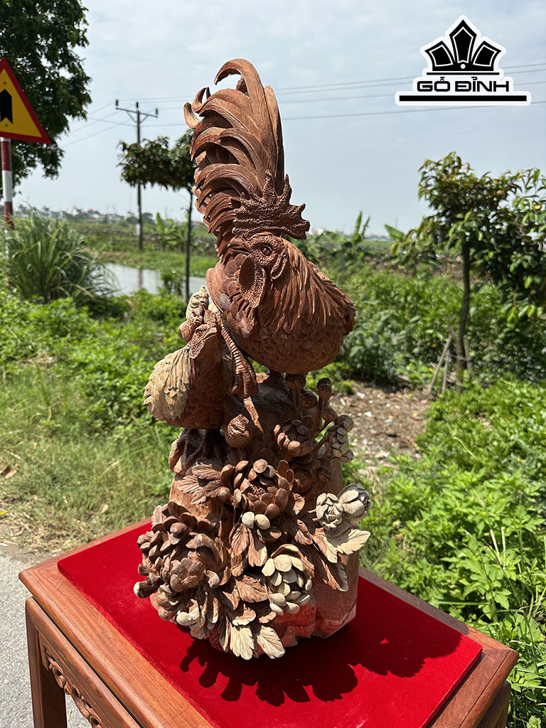 Tượng Gia Đình Gà Gỗ Hương Cao 70 Ngang 35 Sâu 25 (cm)