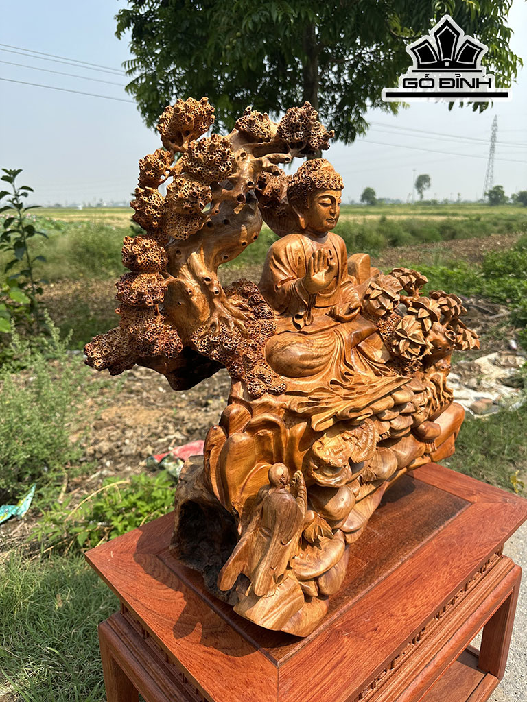 Tượng Nhất Tâm Bái Phật Gỗ Hương Cao 57 Ngang 55 Sâu 25 (cm)