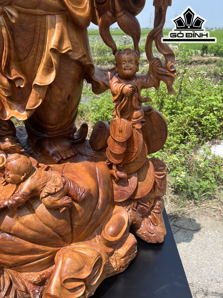 Tượng Phật Di Lặc Ngũ Phúc Vác Cành Đào Gỗ Hương Cao 138 Ngang 108 Sâu 50 (cm)