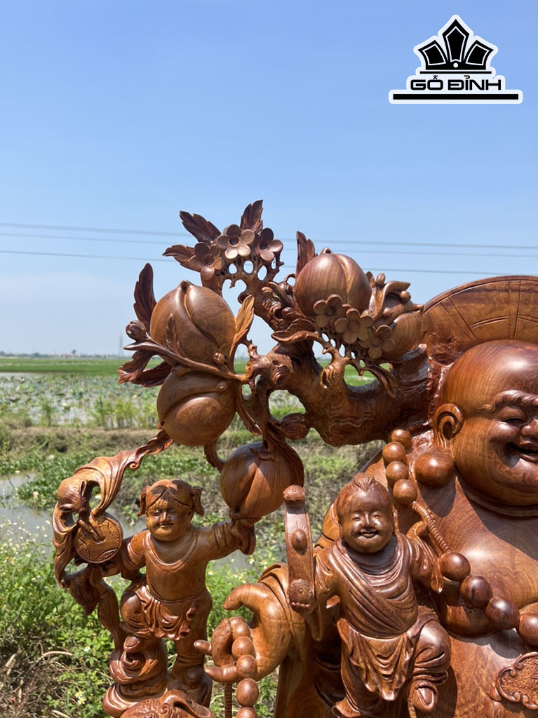 Tượng Phật Di Lặc Ngũ Phúc Vác Cành Đào Gỗ Hương Cao 138 Ngang 108 Sâu 50 (cm)