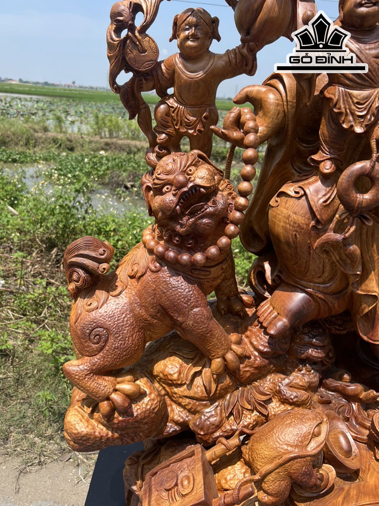 Tượng Phật Di Lặc Ngũ Phúc Vác Cành Đào Gỗ Hương Cao 138 Ngang 108 Sâu 50 (cm)