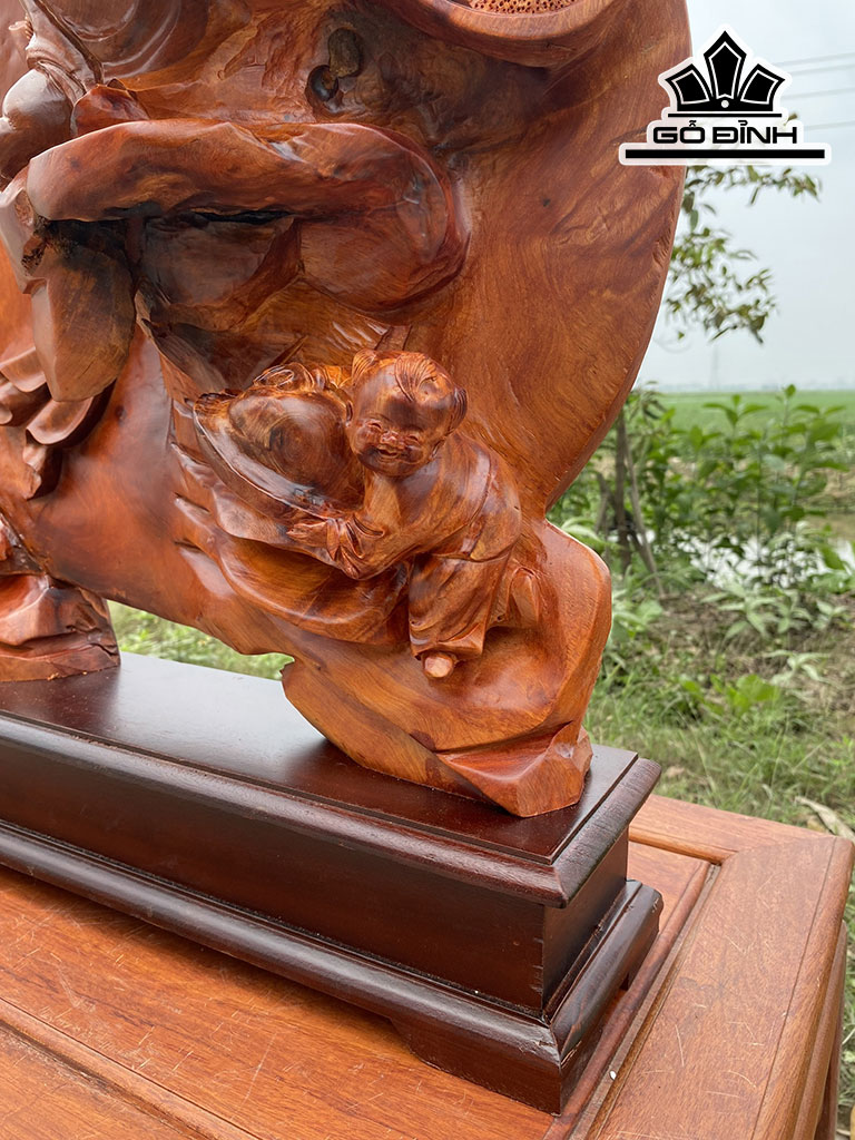 Tượng Phật Di Lặc Nhị Phúc Vác Cành Đào Gỗ Hương Cao 86 Ngang 55 Sâu 23 (cm)