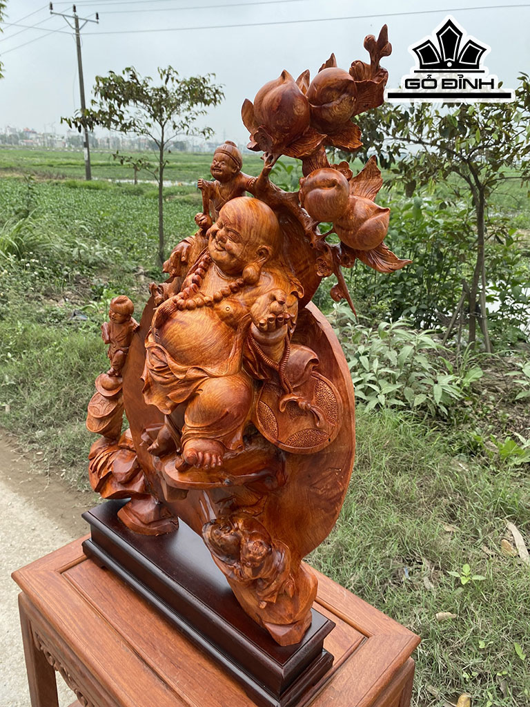 Tượng Phật Di Lặc Nhị Phúc Vác Cành Đào Gỗ Hương Cao 86 Ngang 55 Sâu 23 (cm)
