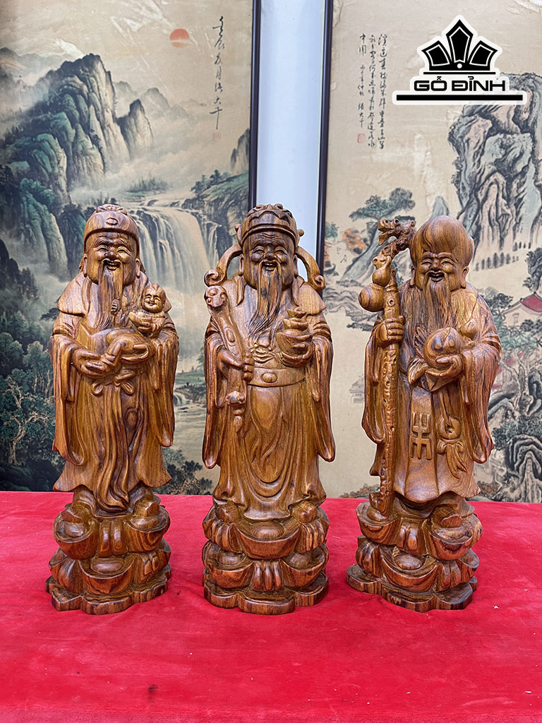 Tượng Phúc Lộc Thọ (Tam Đa) Gỗ Sưa Cao 40 Ngang 14 Sâu 12 (cm)