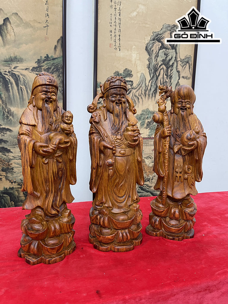 Tượng Phúc Lộc Thọ (Tam Đa) Gỗ Sưa Cao 40 Ngang 14 Sâu 12 (cm)