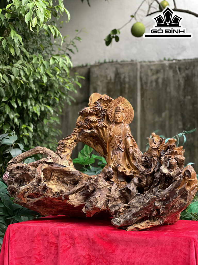 Tượng Phật Bà Quan Âm Gỗ Lũa Bách Xanh Cao 56 Ngang 86 Sâu 50 (cm)