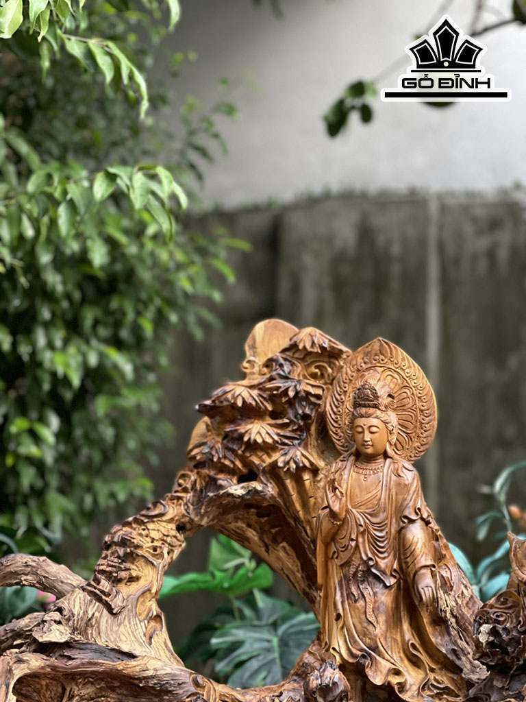 Tượng Phật Bà Quan Âm Gỗ Lũa Bách Xanh Cao 56 Ngang 86 Sâu 50 (cm)